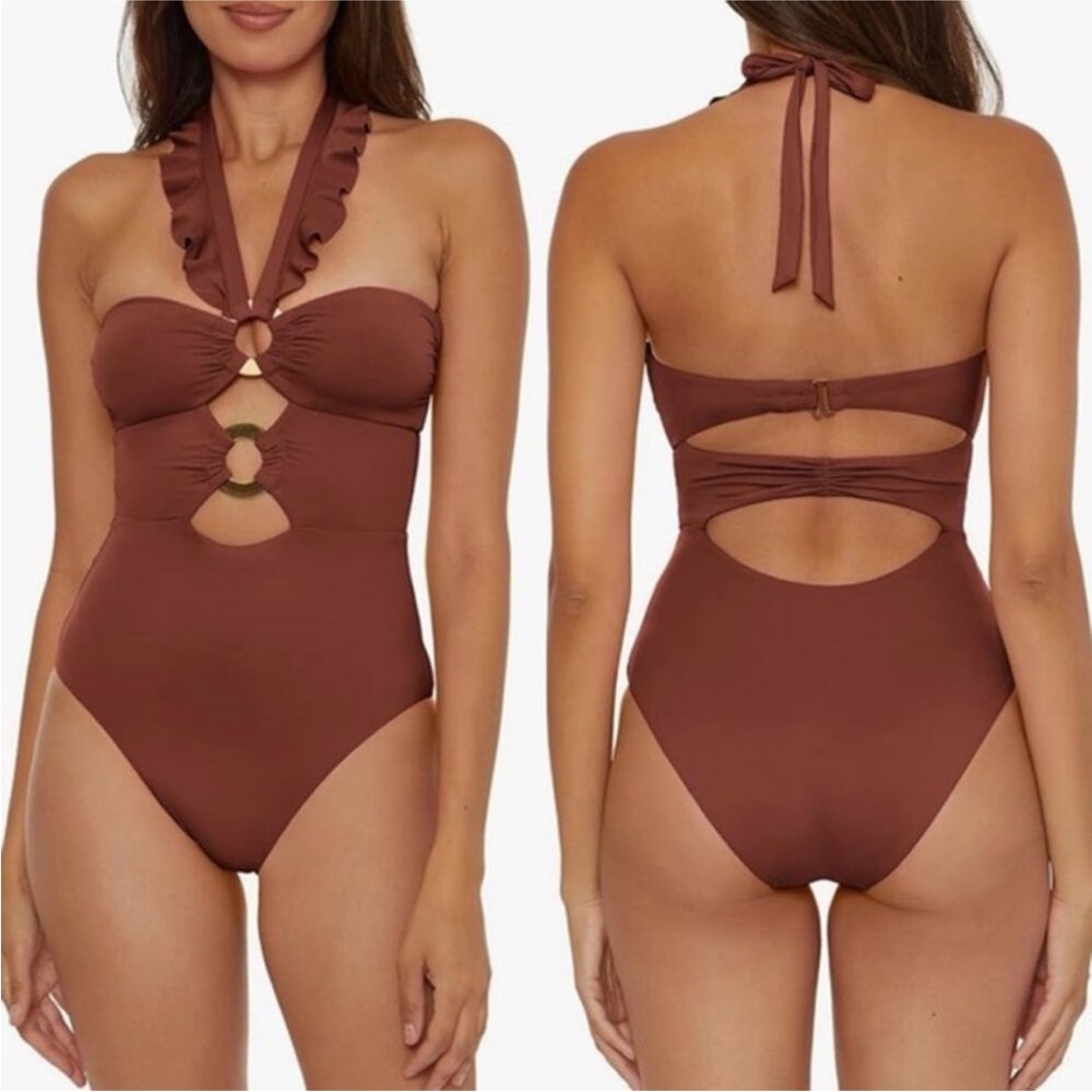 NWT Ruffle Halter Cutout One-Piece Swimsuit in Brown/Rust